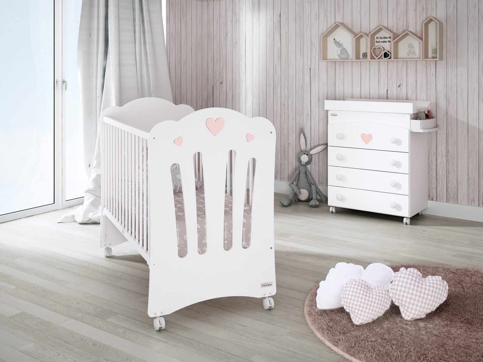 BERCEAU + COMMODE CŒURS TRAMA BLANCO MATE/ROSA